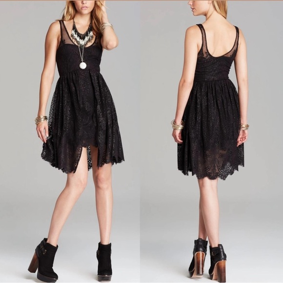 Free People Kristal Metallic Lace Fit and Flare Black Tank Mini Dress in Size 0 - Picture 3 of 12